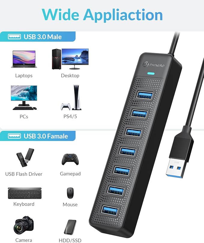 PHIXERO 7 Port USB Hub, 3.3FT/1M Long Cable USB 3.0 Hub Multi USB Port Hub Adapter Extension USB Splitter USB Hub for PC, Compatible with All USB 3.0/2.0/1.1 Device