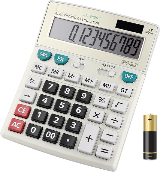 Large Computer Electronic Calculator Counter Solar & Battery Power 12 Digit Display Multi-Functional Big Button for Business Office School Calculating (HY-9800v)-DeskLoop Office