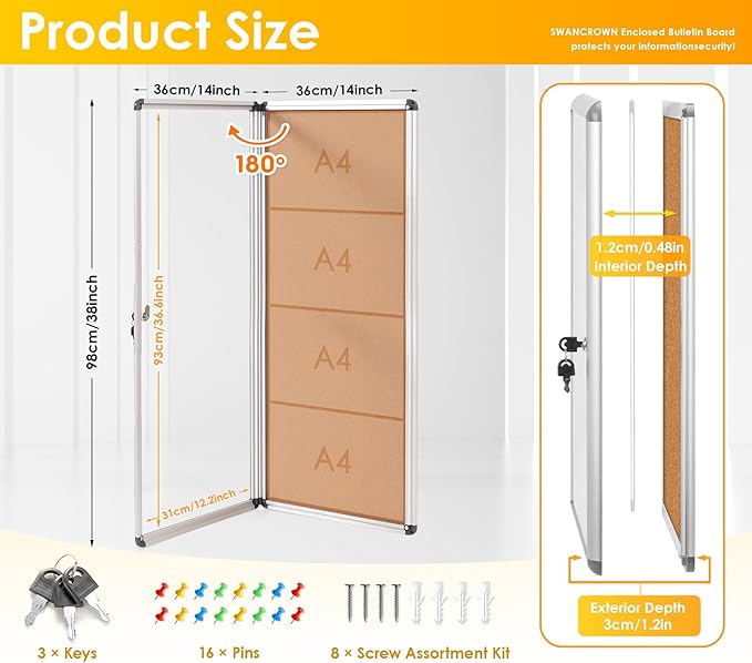 SWANCROWN Locking Bulletin Board Tamper-Proof Notice Board Cork Display Case Wall-Mounted for K12 Office Dentists, 38x14 inch-DeskLoop Office