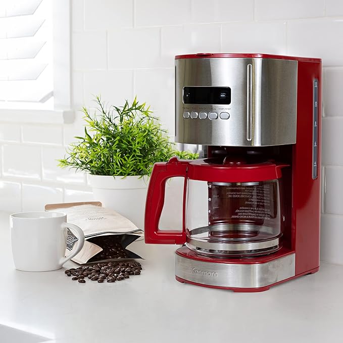 Kenmore Drip Coffee Maker - 12 Cup Programmable Cafe Machine With Glass Pot, Regular & Bold Brew, Auto Shut Off Large Water Reservoir, Reusable Filter, Kitchen Appliances For Cafeteria Barista, Red-DeskLoop Office