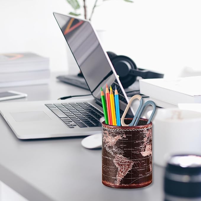 Black World Map Pencil Holder for Desk, PU leather Pencil Cup, Globe Pen Holder for Desk Office Supply Organizer PH46-DeskLoop Office
