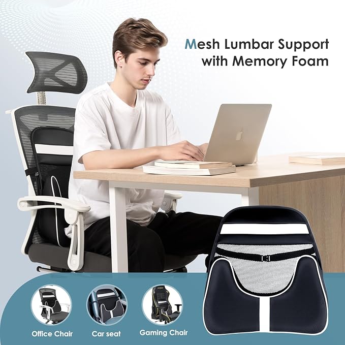 FLORICH Double Layer Breathable Mesh Lumbar Support Ergonomic Leather Lumbar Support Pillow with 3D Mesh Back Support and Adjustable Strap for CarSeat & Office Chair-DeskLoop Office