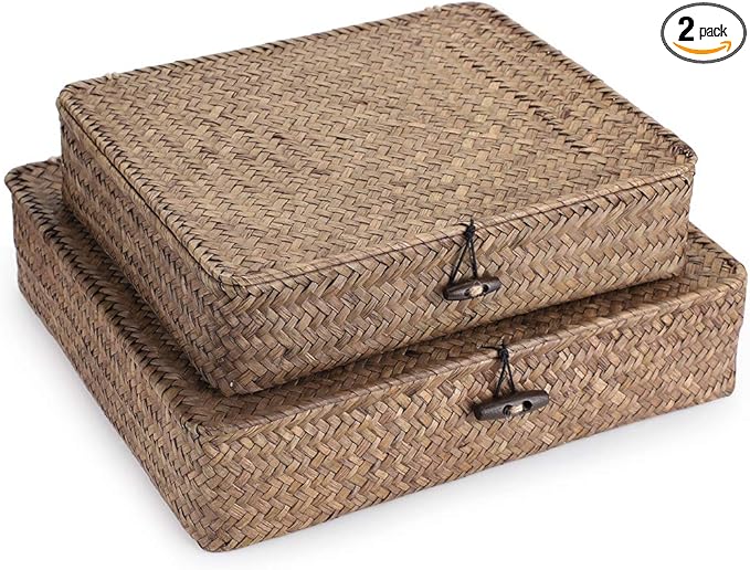 Hipiwe Set of 2 Flat Woven Wicker Storage Bins by Hipiwe