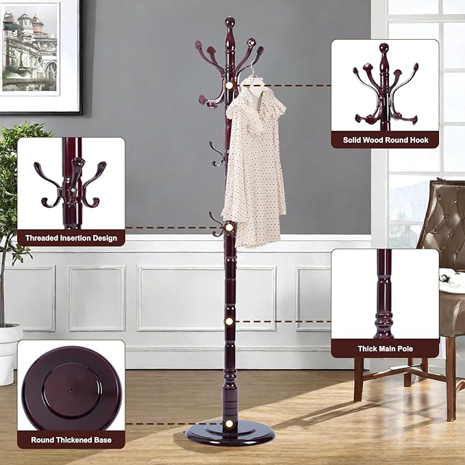 Solid Wood Coat Rack – 72" Freestanding Coat Racks Stand with 14 Hooks & Stable Base, Adjustable Height Modern Wooden Hall Tree for Entryway, Bedroom, Office, Home (Mahogany Lucky Hook)-DeskLoop Office
