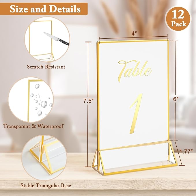 Floroom 12 Pack 4x6 Inch Clear Acrylic Sign Holders, Double-Sided Gold Display - Image 2