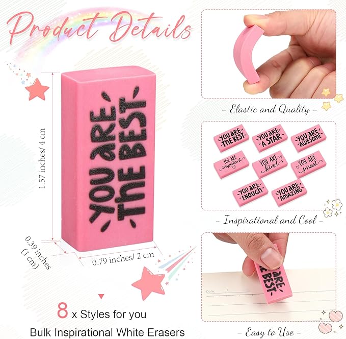 PerKoop 50 Pcs Pcs Inspirational Pink Erasers Bulk Small Motivational Block Pencil Erasers Back to School Gifts for Classroom Students Teachers Office Stationery Supplies-DeskLoop Office