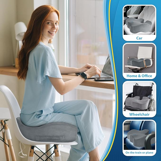 BlissTrends Seat Cushion,Thick Memory Foam Cushions for Office Chair, Car Seat, Airplane, Relieving Pressure Tailbone Sciatica Back Pain for Office Workers, Car Drivers 4.7in Thick LightGrey-DeskLoop Office