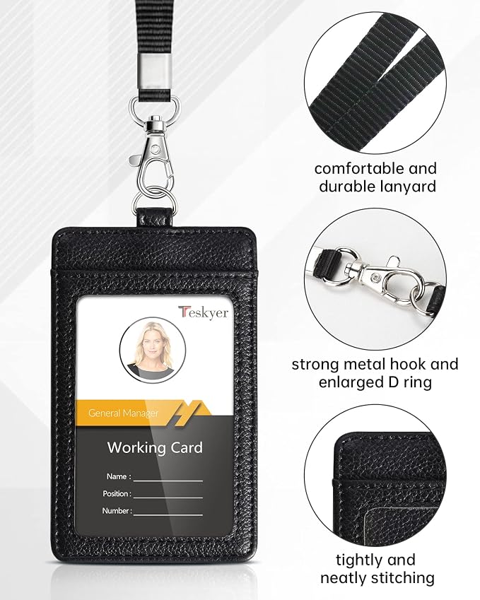 Teskyer Badge Holder with Lanyard, Leather ID Name Badge Card Holder with - Image 3