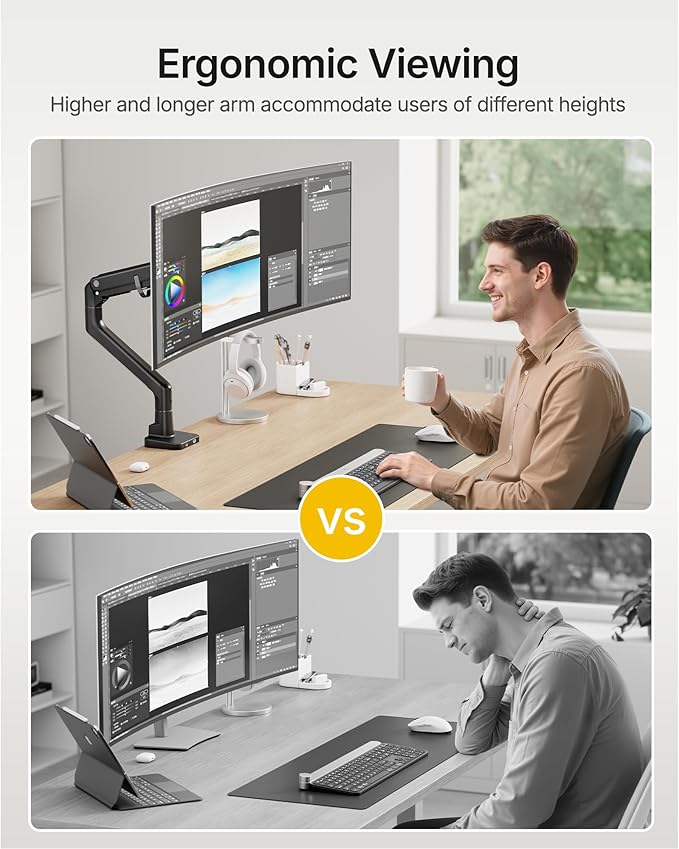 monTEK Single Monitor Arm with USB A/C, Ultrawide Monitor Stand for 17 to 57 Inch Curved Screen, Holds 59.4 lbs, Adjustable Gas Spring Arm, 75/100 VESA Mount, Clamp & Grommet Desk Mount, Black-DeskLoop Office