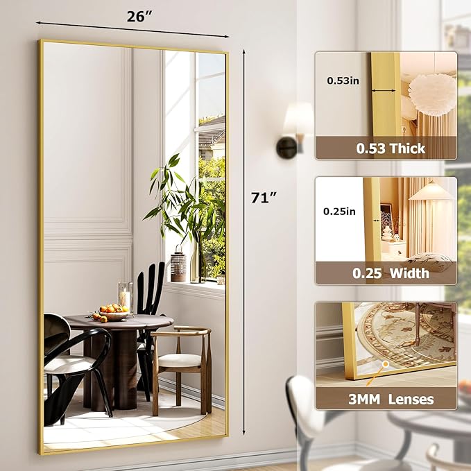 26"x71" Full Length Mirror, Adjustable Standing/Wall Mounted Floor Mirror for Bedroom, Living Room, Entryway, Large Gold Leaning Mirror with Shatterproof Glass-DeskLoop Office