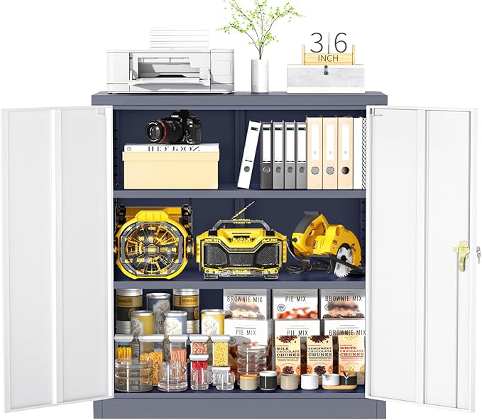 Greenvelly Metal Garage Storage Cabinet, Lockable Metal Cabinets with 2 Doors and Shelves,36”Steel Storage Locking Counter Cabinet for Office,Garage,Kitchen,Home,School(Grey White)-DeskLoop Office