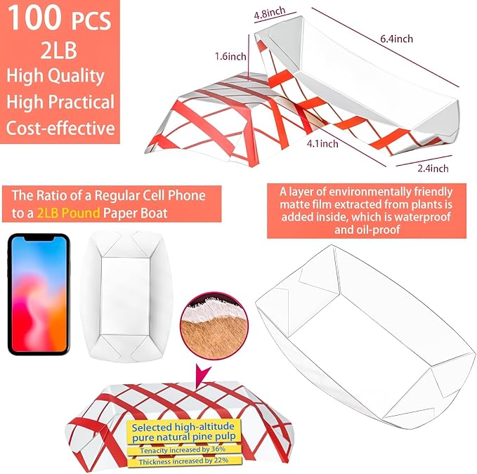 100 Pack 2Lb Paper Food Boat Trays Disposable Paper Boat Plate Containers - Image 2
