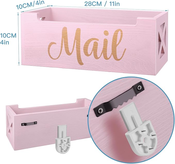 Pink Mail Organizer Cute Mail Holder Countertop, Wooden Mail Basket Mail Tray - Image 4