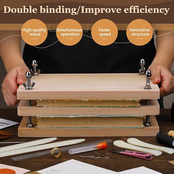 JUPEAN 34 Pcs Book Binding Kits, Book Press(11.81”x7.56”), Books Making Kit with Bone Folder Bookbinding Needles Waxed Threads Books Binding Awl, Bookbinding Tools for Beginners-DeskLoop Office