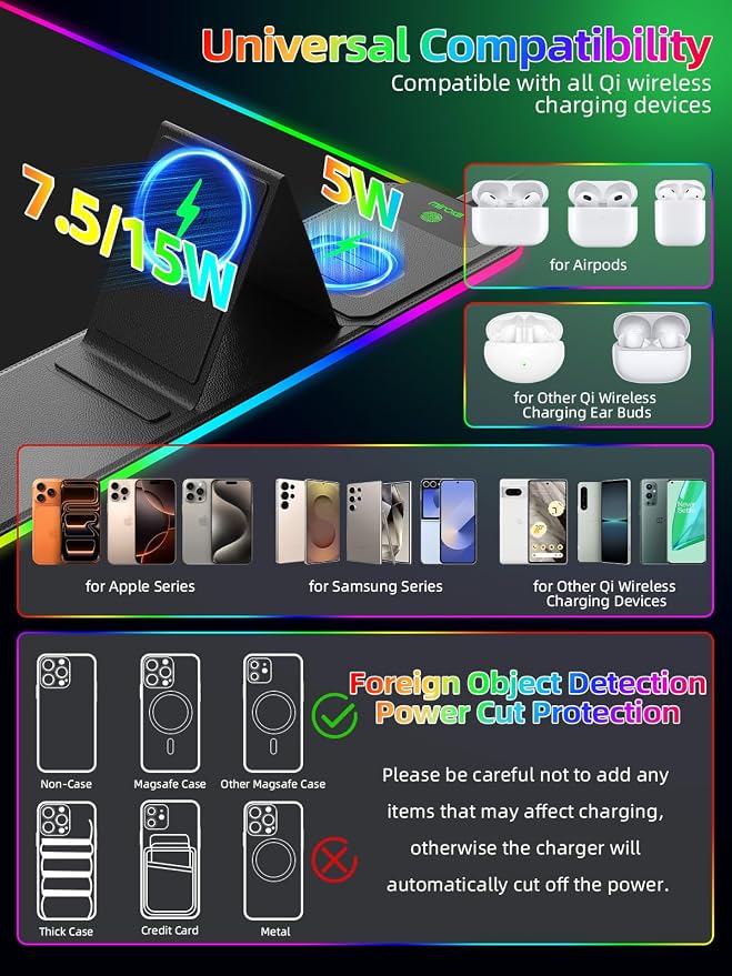 Mouse Pad with Foldable Phone Holder & Wireless Charger, XXL RGB Gaming - Image 3