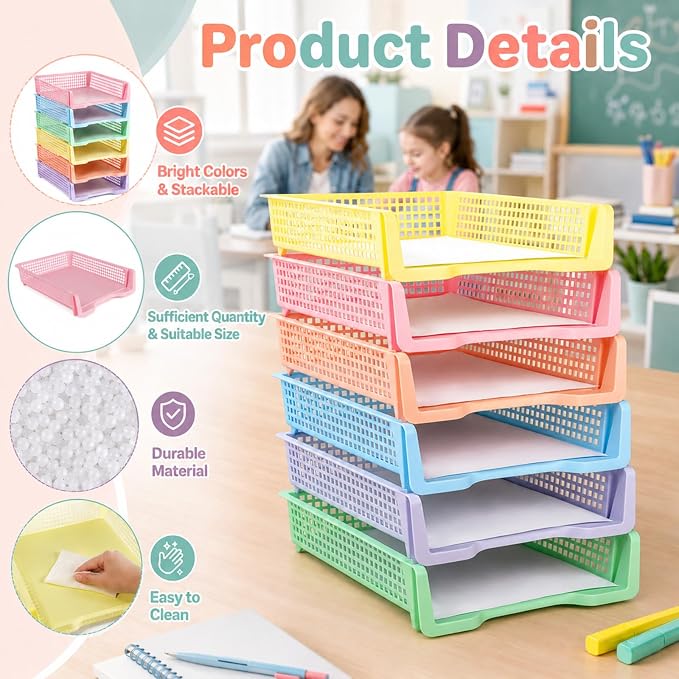 Set of 6 Pastel Turn in Trays for Teachers Stackable Classroom Paper Letter - Image 3