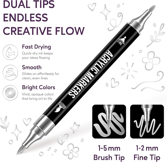 Pagather Silver Acrylic Paint Markers, 12 Pack Dual Tip - Image 2