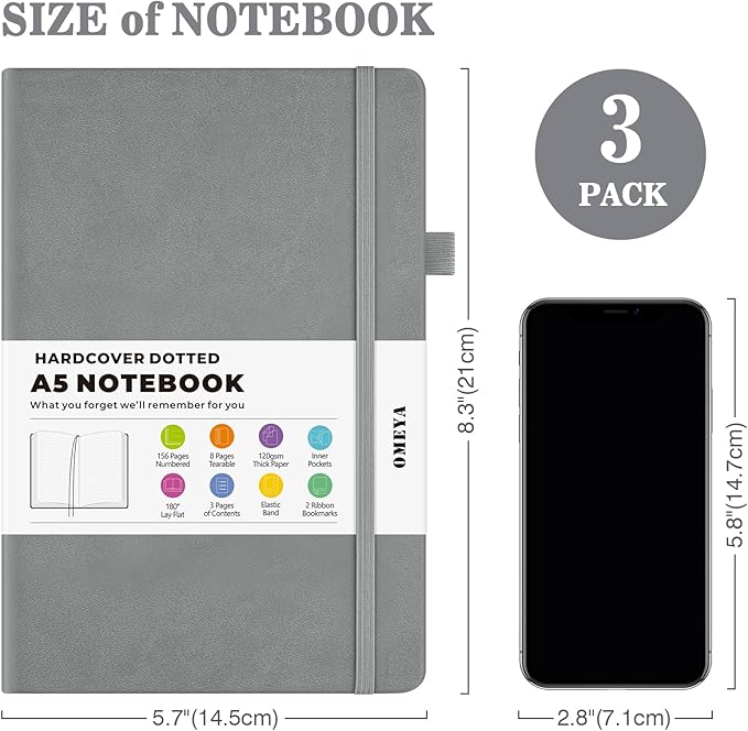 Bullet Dotted Journal Notebook 3 Pack, A5 Dotted Journal with 120gsm Paper, Leather Dotted Notebook, Hardcover Dot Grid Notebook Each with 156 Nmubered Pages, Dot Journal for Women, Men 5.75" × 8.38"-DeskLoop Office