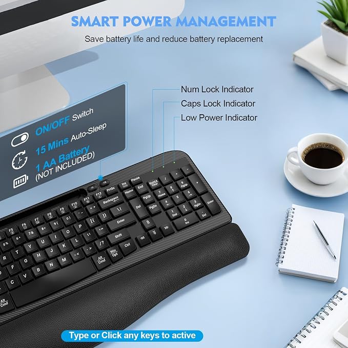 EAYBLLY 2.4G Wireless Ergonomic Keyboard, Full Size Wave Keys - Image 8