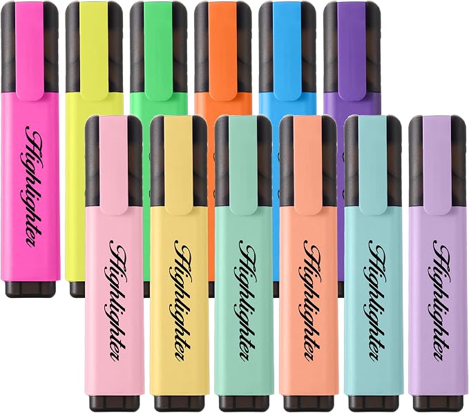 12 Assorted Highlighters, Quick-Dry Chisel Tip Marker Pens | 6 Bright & 6 Soft by Bonace