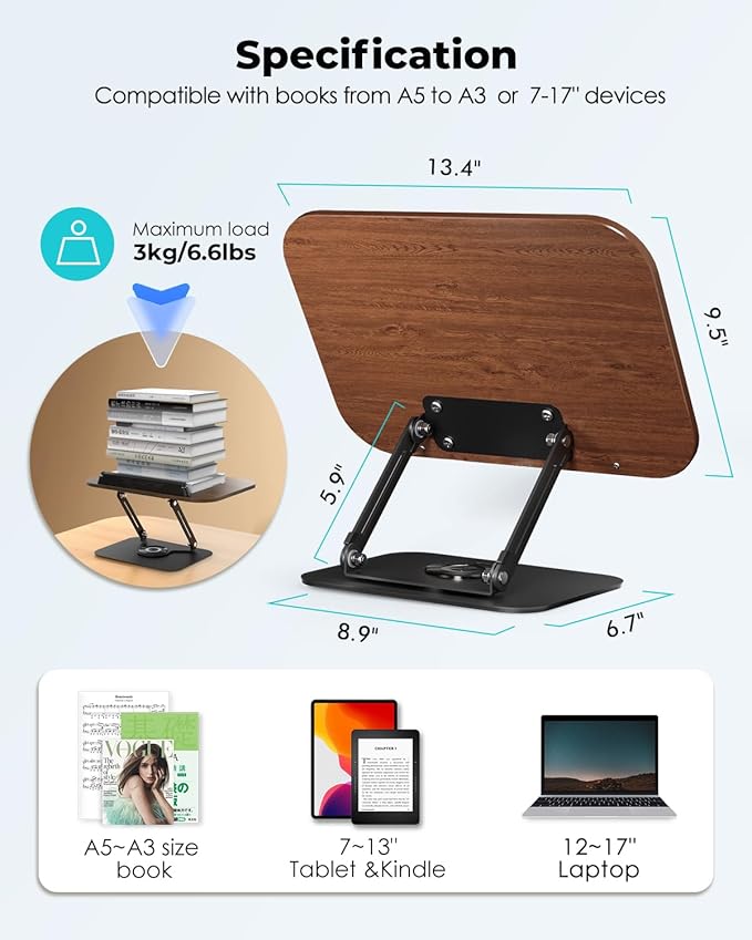 Viozon Book Stand for Reading, Book Holder, Height&Angle Adjustable, 360° - Image 5