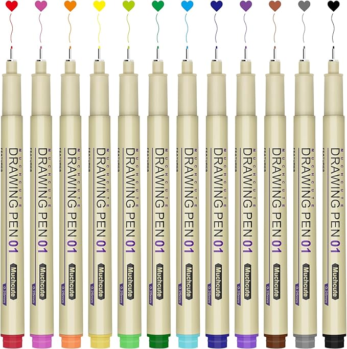 Muchcute 01 Micro Fineliner Drawing Art Pens: 12 Colors 0.25mm Extra Fine Point by Muchcute
