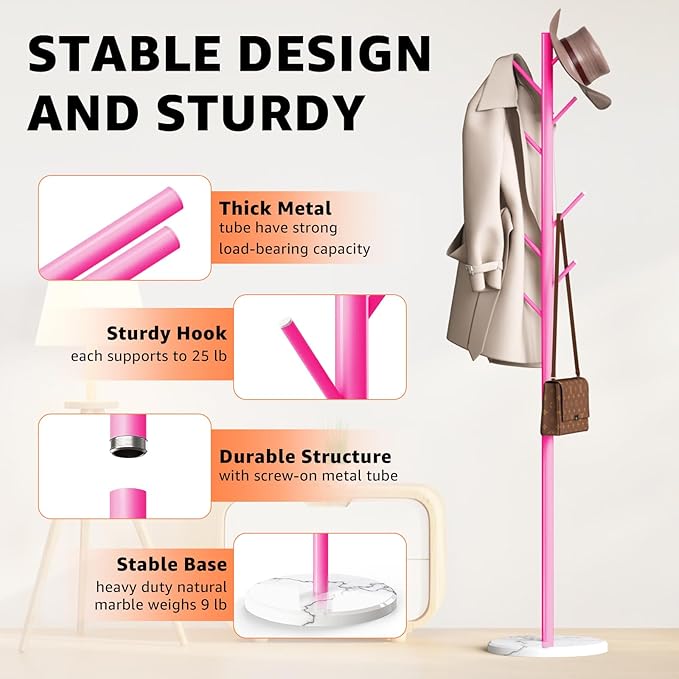 Coat Rack with Natural Marble Base, Metal Freestanding Coat Rack with 8 Hooks, 3 Adjustable Size Sturdy Coat Tree for Bags, Coats, and Hats for Entryway, Hallway, Bedroom, Office, Pink-DeskLoop Office