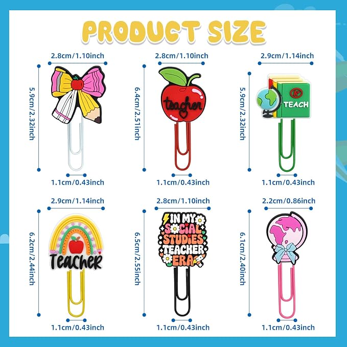 30 PCS Teacher Paper Clips Metal Paperclip Large Size Paper Clip Cute Bookmark - Image 3