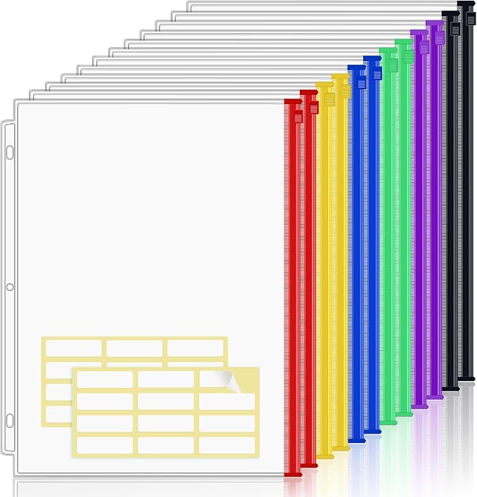 KTRIO 12 Pack Binder Pockets, 8.5 x 11 Colored Zipper Pouches by KTRIO
