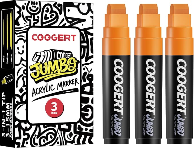 Coogert 3Pcs Orange Jumbo Poster Markers, 15MM Thick Permanent Acrylic Graffiti by CoogertPaintPens