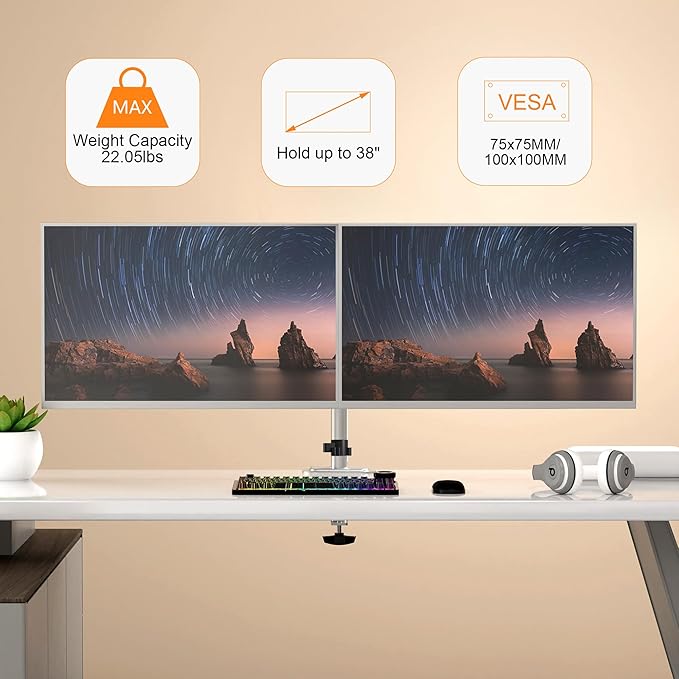 Pholiten Dual Monitor Stand, Heavy Duty Adjustable Monitor Arm Desk Mount for 2 Screens up to 38Inches, Tilt, Swivel, Rotate, Supports Tilt, Swivel, Rotate, Supports 22 lbs per Arm,Silver-DeskLoop Office
