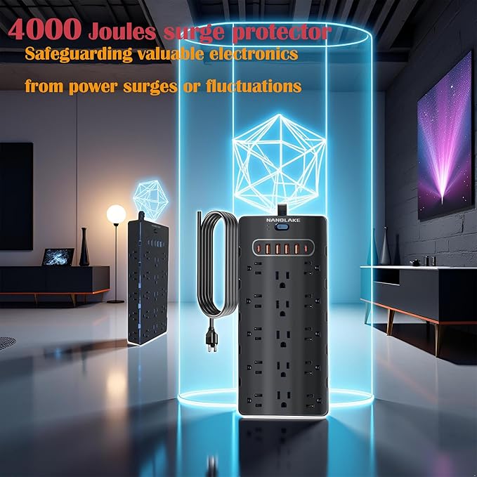 20 Amp Power Strip Surge Protector,Heavy Duty 12 Gauge 6.5 ft Extension Cord,25 AC Outlets,6 Fast USB Ports,4000 Joules,2500W/125V,Office Workshop Household Garage Black,Insurance Coverage.-DeskLoop Office