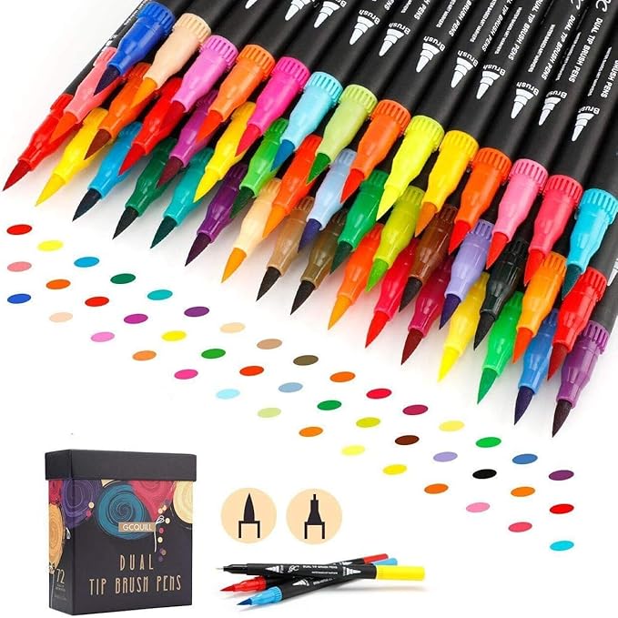 GC 72 Colors Dual Tip Brush Pens Highlighter 72 Art Markers 0.4mm Fine liners & Brush Tip Watercolor Pen Set for Adult and kids Coloring Books, Calligraphy, Hand Lettering, Note Taking-DeskLoop Office