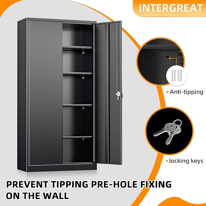 INTERGREAT Metal Storage Cabinet with Lock,Storage Wardrobe Cabinets with 4 Adjustable Shelves and Hanging Rod,Black Wardrobe Cabinet with Lockable Doors for Home Office,Warehouse,Garage-DeskLoop Office