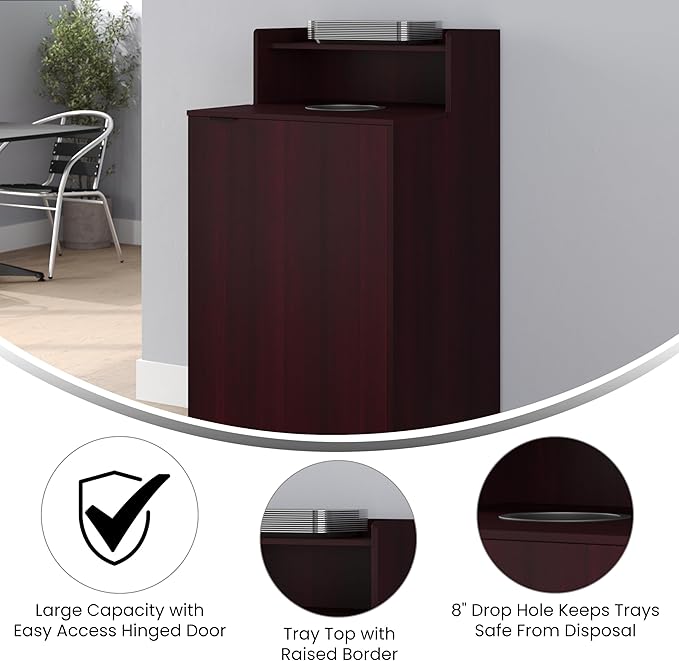 Flash Furniture Dell Trash Can Enclosure with Tray Shelf and 8" Drop Hole, Commercial Grade Trash Receptacle for 32 Gallon Round Cans, Swing Door Access, Mahogany-DeskLoop Office