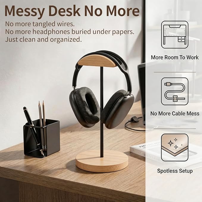Headphone Stand Nature Wood & Metal Headset Hanger Mount Hook Gaming Holder - Image 2
