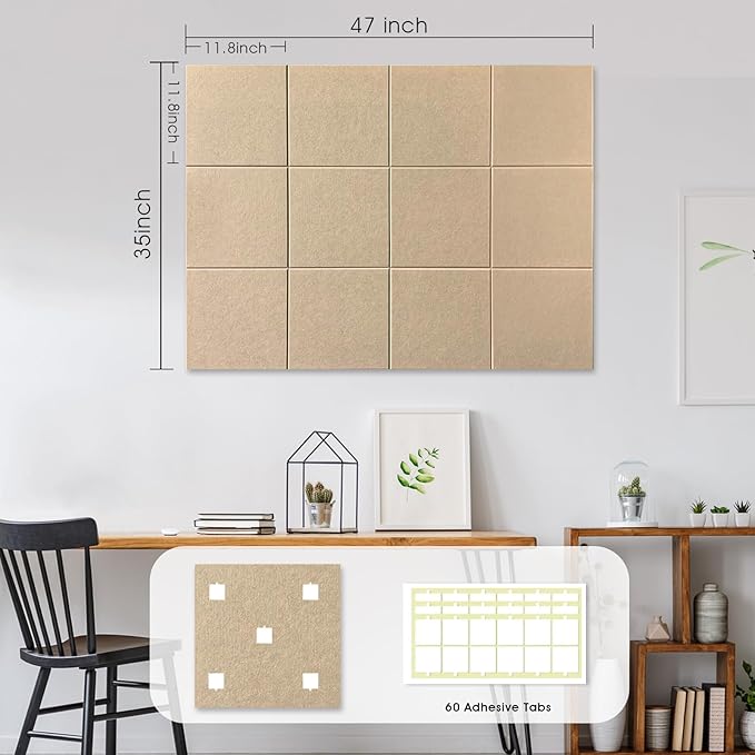 Large Cork Board for Office Wall Decor,48"x36"-12 Pack Felt Wall Tiles with Safe Removable Adhesive Tabs, 1/2" Thick, Felt Bulletin Board Pin Board Cork Boards for Walls - Tan-DeskLoop Office