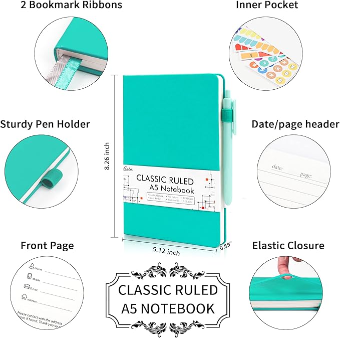 feela 24 Pack Journal Notebook Bulk for Work, Business Notebook Hardcover Lined Writing Journal with Pen Holder for Men Women Note Taking, with 24 Black Pens, 120 GSM, 5.1”x8.3”, A5, Aqua-DeskLoop Office