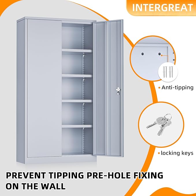 INTERGREAT Tall Metal Storage Cabinet Locking Steel with 4 Adjustable Shelves,72" Lockable Cabinets Lock 2 Doors for Office Garage Supply Home (Cement Gray)-DeskLoop Office