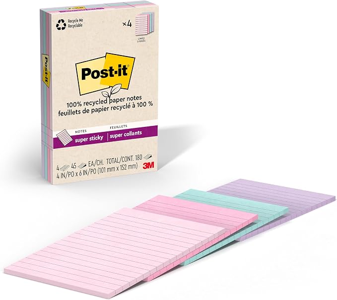 Post-it 100% Recycled Paper Super Sticky Notes, 4 in. x 6 in., 4 Pads, 45 by Unknown