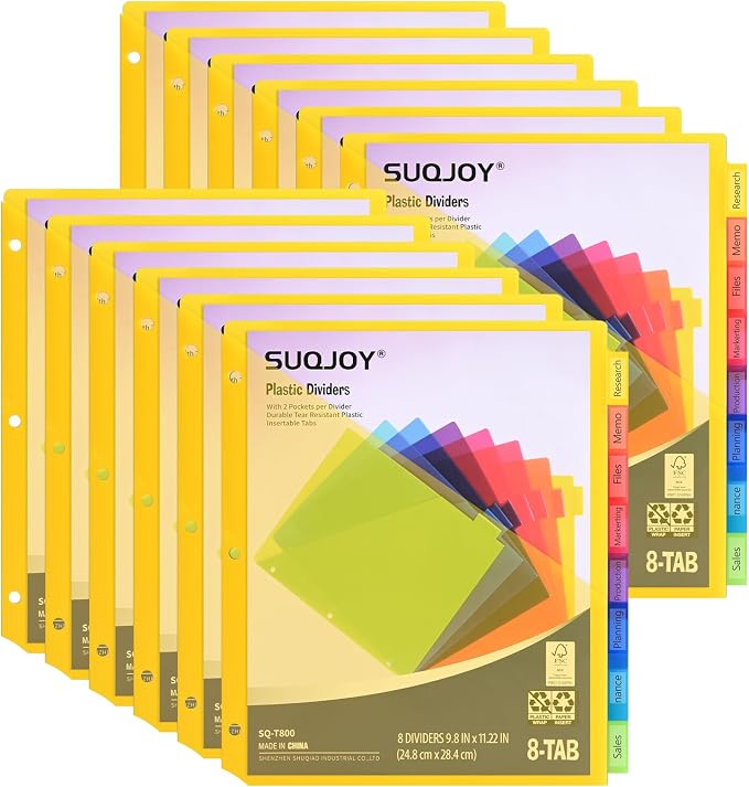 8-Tab Dividers for 3 Ring Binder, Subject Dividers, 3-Hole Plastics Sheets by SUQJOYOFFICE