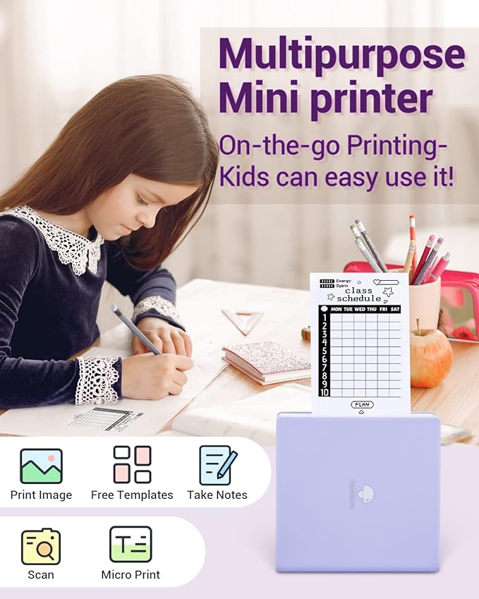 Phomemo Mini Sticker Printer- Mini Printer Sticker Maker Machine M02, Print Pods Suitable for Creative DIY, Diaries, Photos, Study Notes, Portable Thermal Inkless Label Maker for Home/Travel, Purple-DeskLoop Office