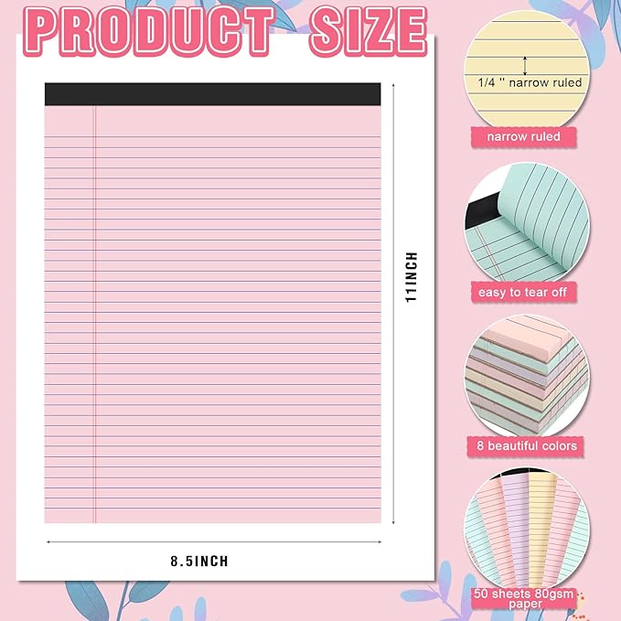 Fuutreo 8 Pcs 8.5'' x 11'' Colored Legal Pad Writing Pads Narrow Ruled 50 Sheets Per Notepad Perforated Writing Notepad Office Supplies for College Office Business (Macaron Color)-DeskLoop Office