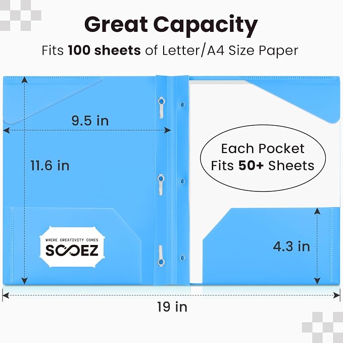 Sooez Plastic Folders with Pockets and Prongs, 6 Pack Pocket Folders with Prongs - Image 4