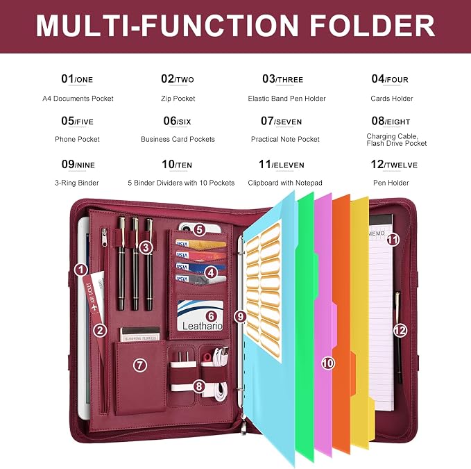 Leathario Portfolio Binder, Includes 5 Folder Index Dividers, 13 Inch Tablets - Image 4