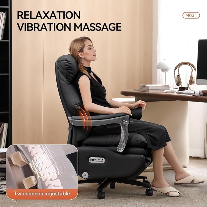 Dual Motor Electric Executive Office Chair with Foot Rest, Comfy Reclining Office Chair with Massage, Big and Tall Heavy Duty Ergonomic Home Office Desk Chairs，Sustainable Leather 400lbs, Black-DeskLoop Office