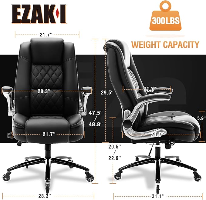 High Back Office Chair- Flip Arms Adjustable Built-in Lumbar Support, Executive Computer Desk Chair Work Chairs, Thick Padded Strong Metal Base Quiet Wheels, Ergonomic Design for Back Pain-DeskLoop Office