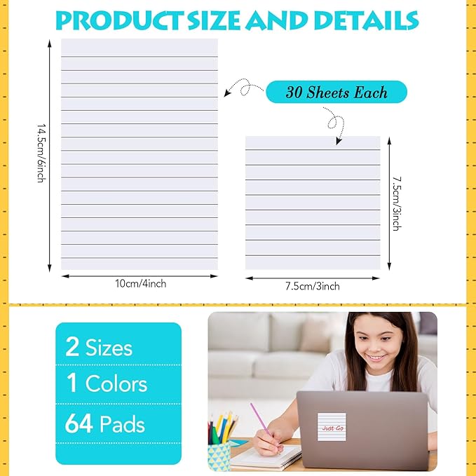 Yexiya 64 Pcs Lined Sticky Notes Self Stick Notes with Lines Bright Assorted Colors Sticky Pad for Home Office Products Post Memos, 1920 Sheets(3 x 3 Inch, 4 x 6 Inch,Mixed Color)-DeskLoop Office
