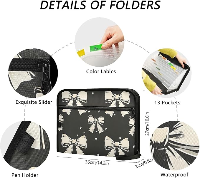 Expanding File Folder Black White Bow Accordion File Organizer 13 Pockets - Image 4