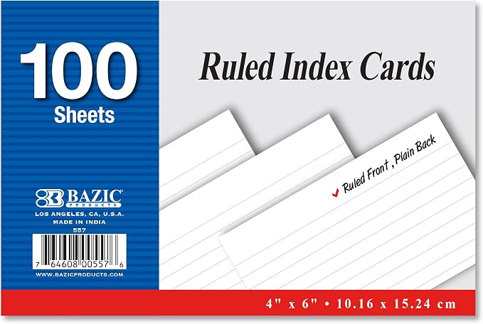 BAZIC 100 Ct. 4" X 6" Ruled White Index Card | sturdy card stock, study notes by BAZICProducts